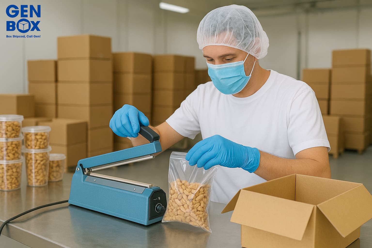 Ảnh: Nhân viên đang đóng gói sản phẩm khô